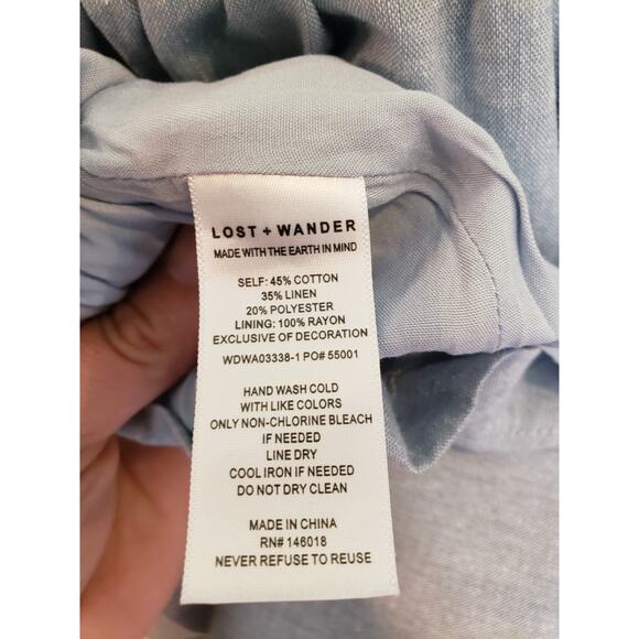Lost + Wander Blue Babydoll Dress Linen Blue Lagoon Bow Front Elastic Large NWT - Picture 4 of 12